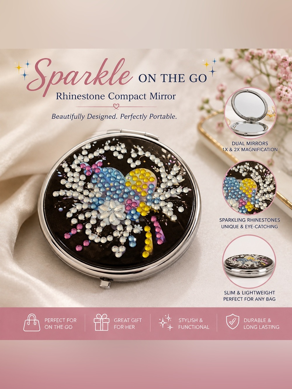 Diamond Art Compact Mirror ✨ Rhinestone Makeup Mirror Gift Sealed